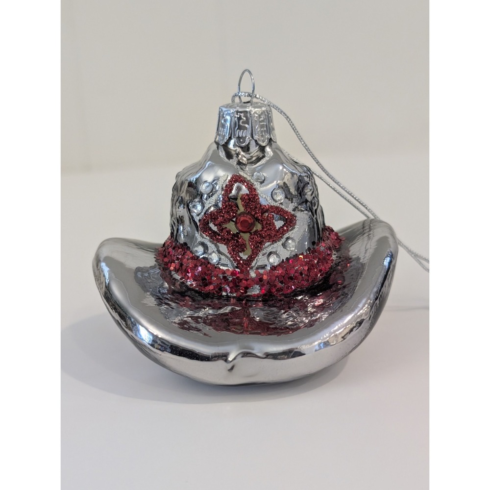 Western Cowboy Girl Hat Glass Christmas Ornament Sliver Red Glitter Kurt Adler?